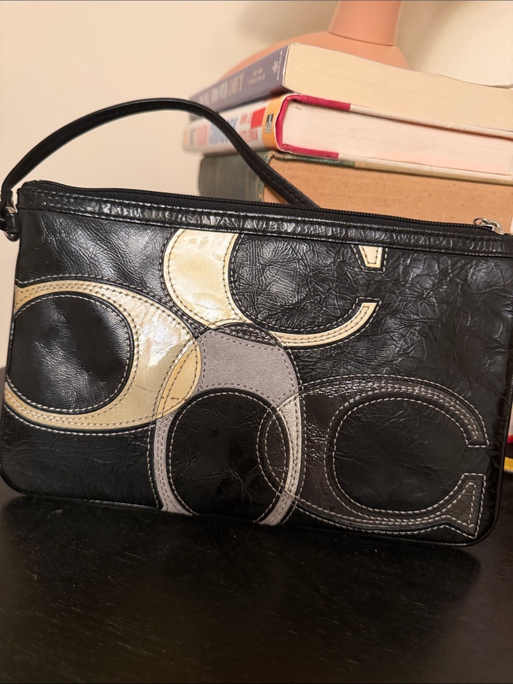 Coach Black Patent Leather Wristlet with Metallic Gold and Gray Circle Appliqués